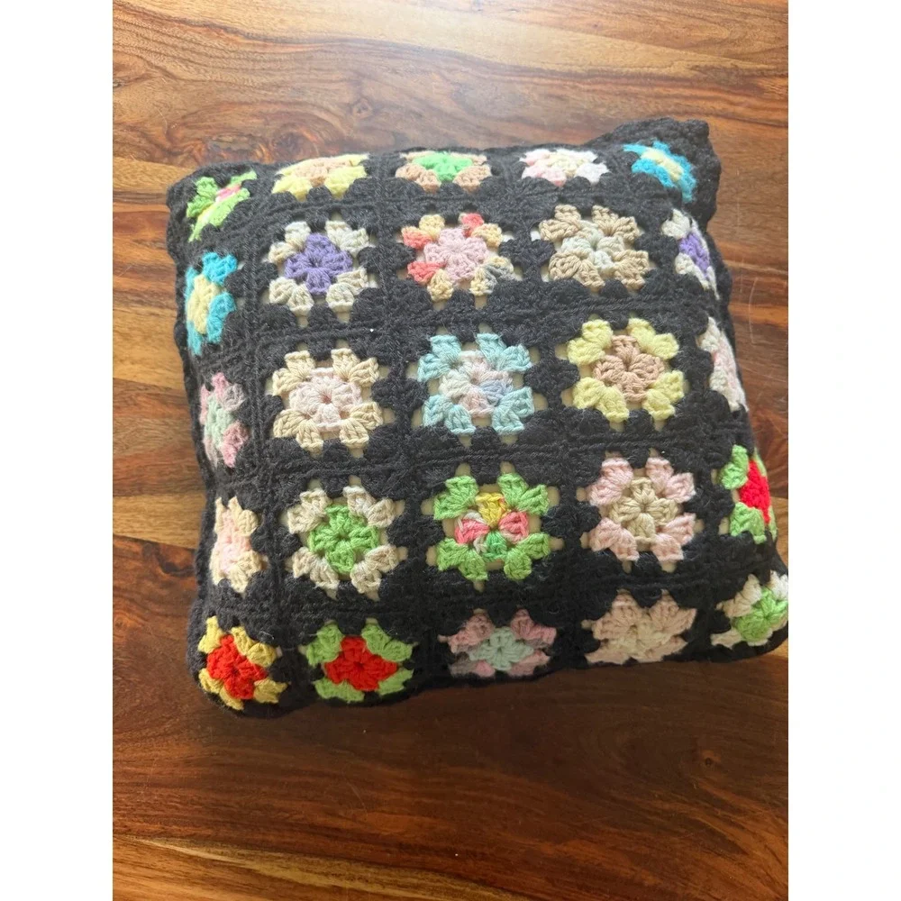 Handmade Crochet Granny Square Throw Pillow Black Multi Color Retro‎ Boho 13x13